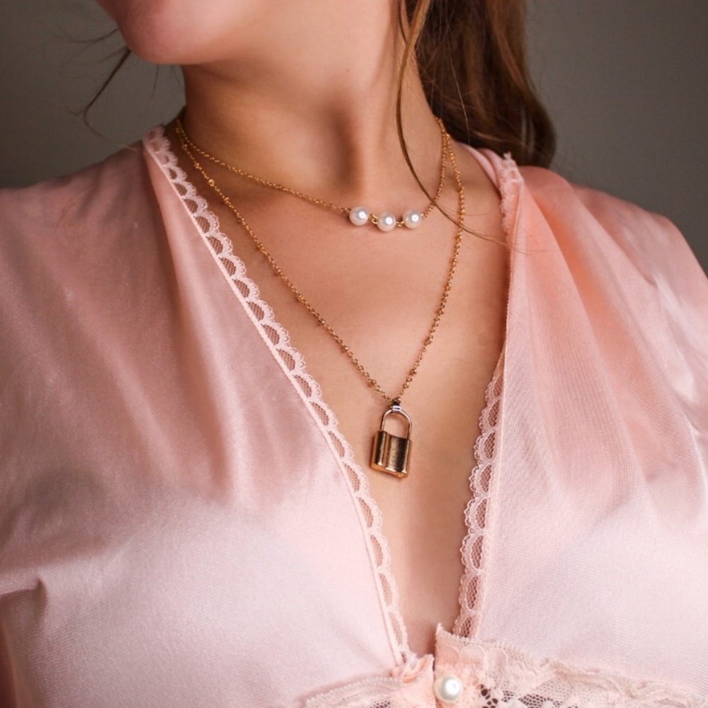 Lock & Pearl Gold Layered Pendant Necklace Long Boho Classic